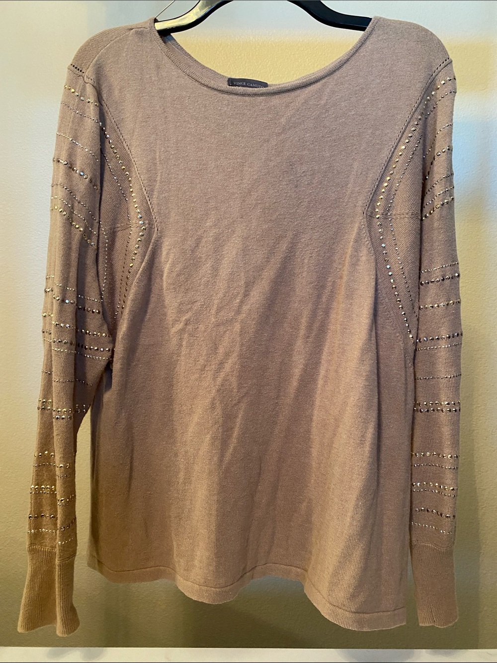 Vince Camuto Taupe Crewneck Sweater with Beaded Sleeve Accents